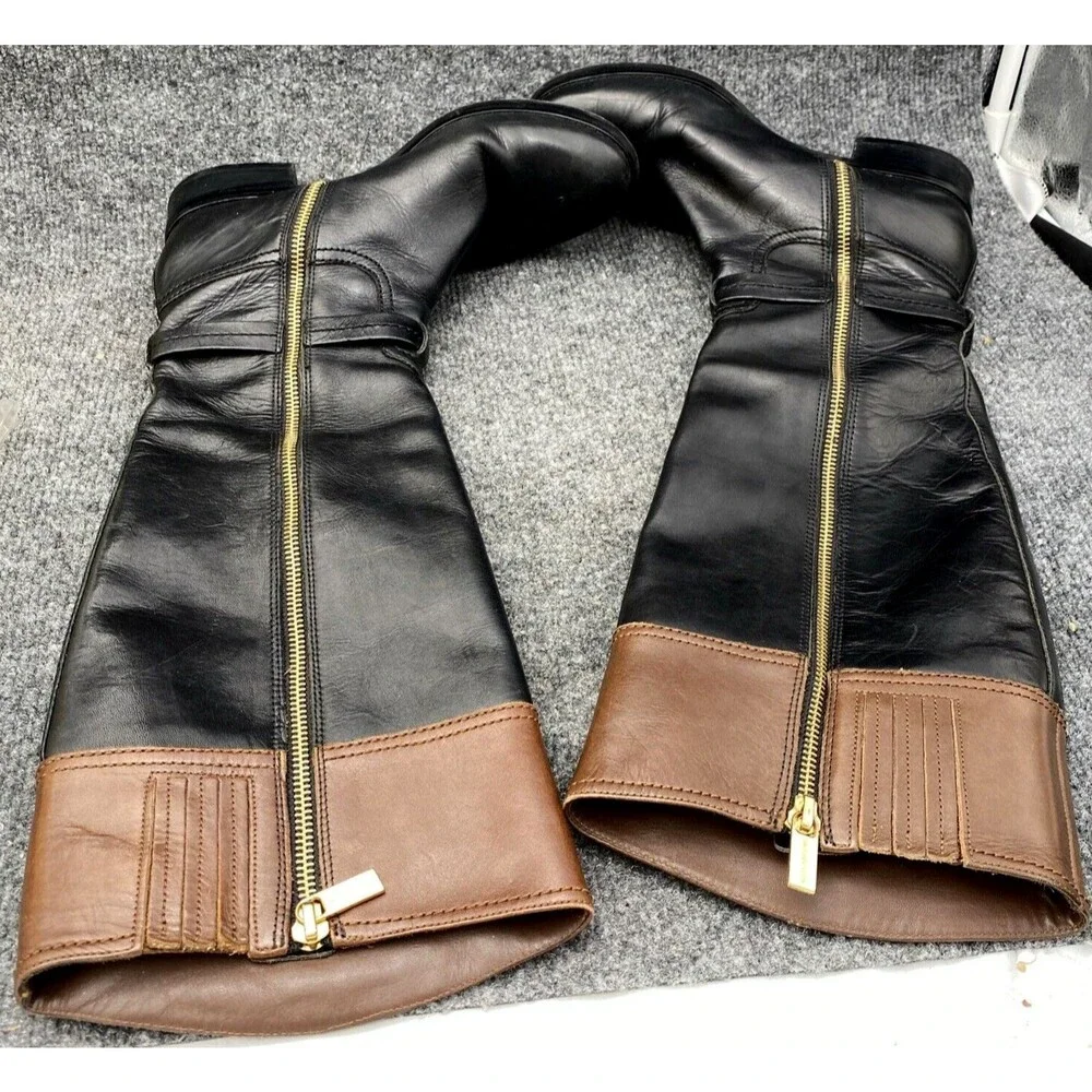 Michael Kors Two-Tone Leather Riding Boots Black Brown Gold MK Logo Size 8.5M